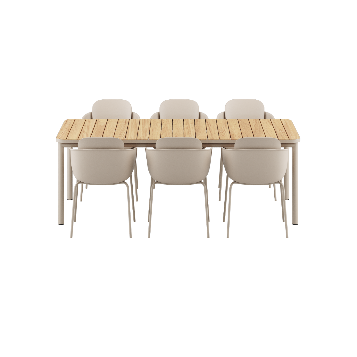 Kirra udendørs spisebord i taupe med 6 Patio Chair no. One S2 stole i taupe.