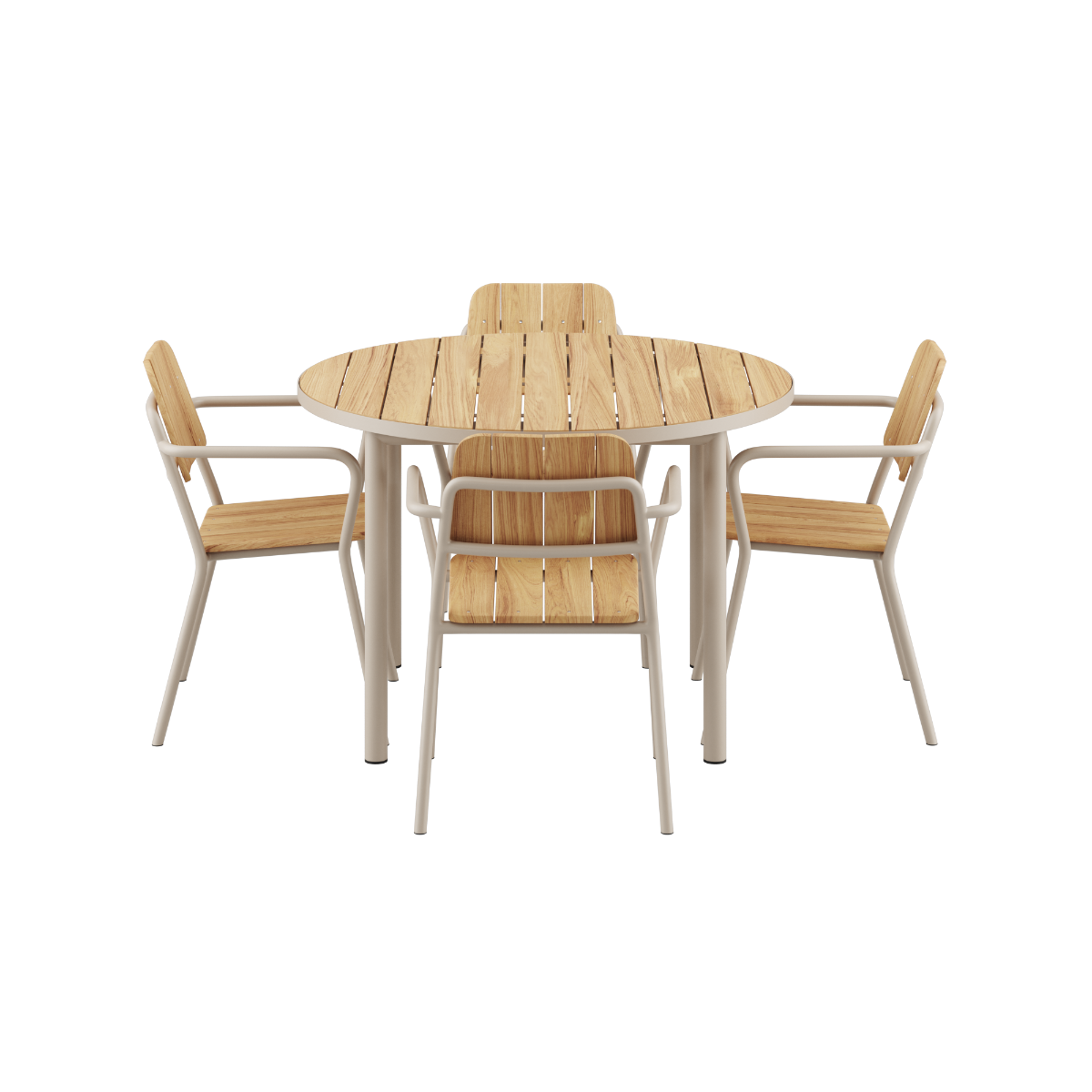 Udendørs Kirra spisebord Ø110 med taupe Kirra Patio stole i matchende farve, moderne design.