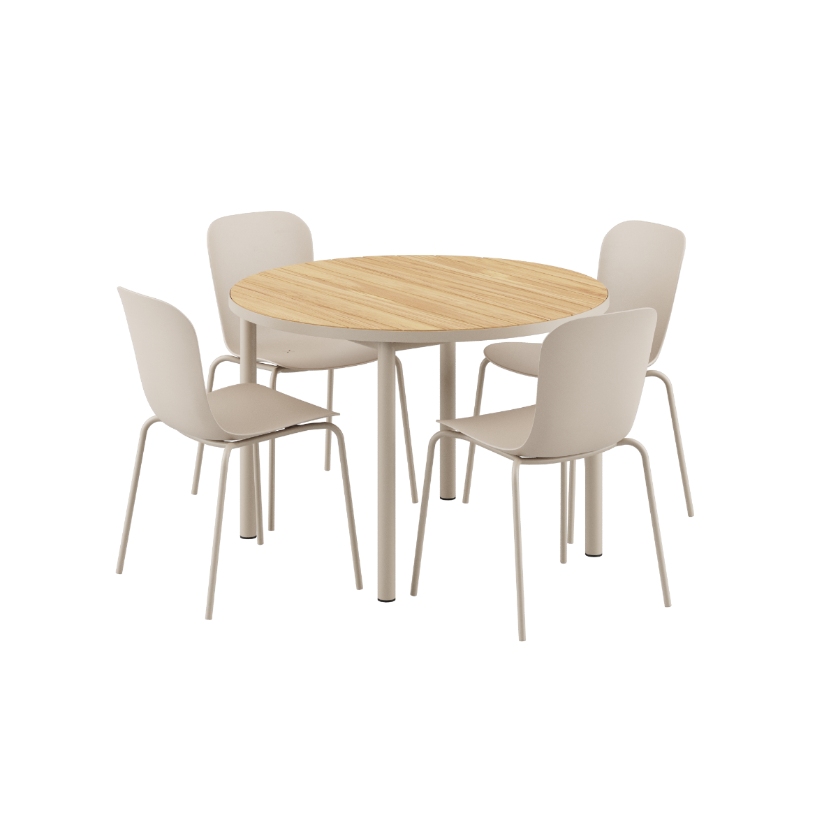 Rundt Kirra Dining Table taupe med fire Patio Chair no. One S1 stole i taupe til udendørs brug.
