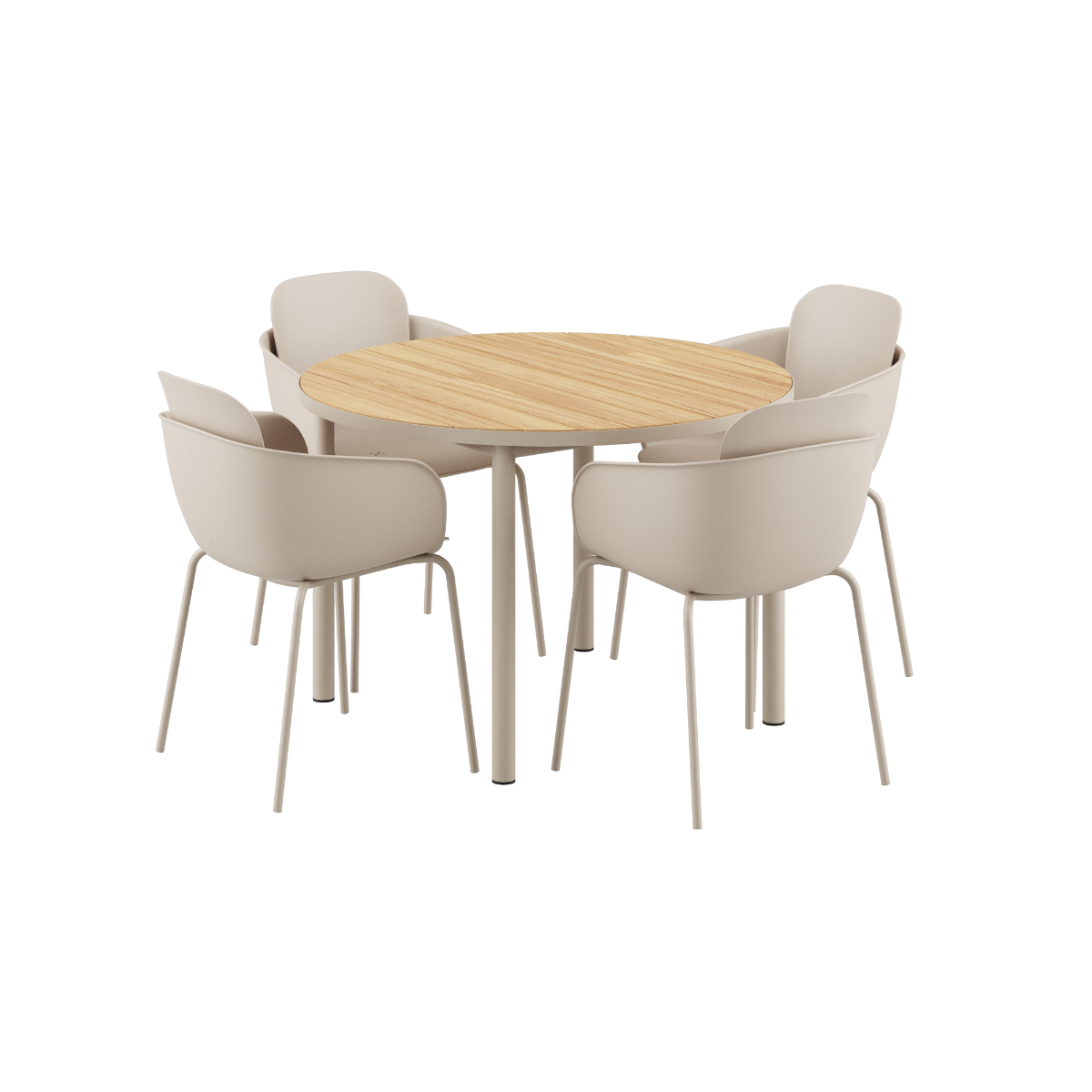 Rundt Kirra Dining Table Ø110 taupe med 4 Patio Chair no. One S2 stole i matchende farve til udendørs brug.