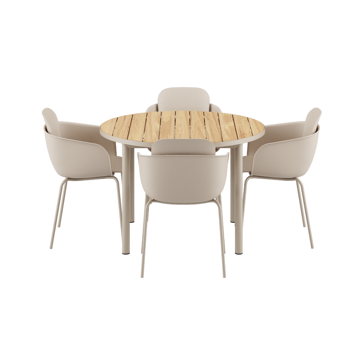 Rundt Kirra spisebord Ø110 i taupe med 4 Patio Chair no. One S2 stole i samme farve.