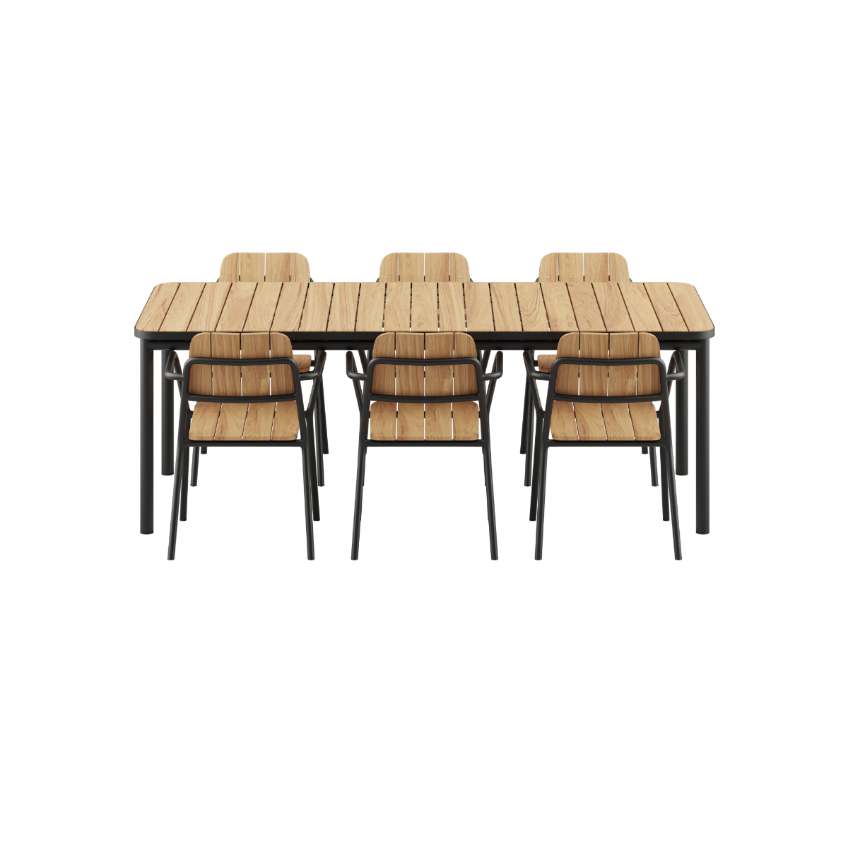 Kirra udendørs spisebord 210x90 cm i teak med 6 matchende Noir havestole i aluminium og teaktræ.