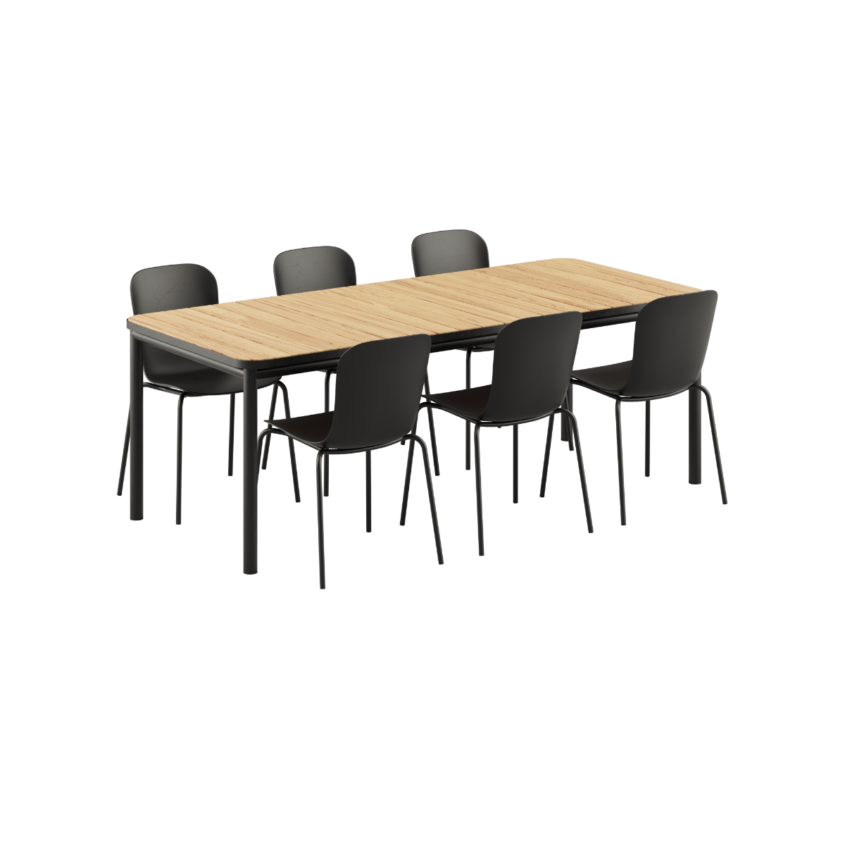 Udendørs Kirra Dining Table 210x90 med teakbordplade og 6 sorte Patio Chair no. One S1 stole