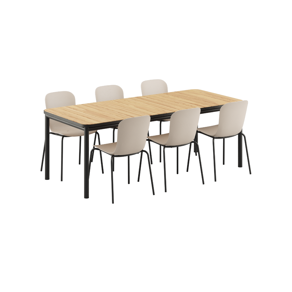 Udendørs Kirra Dining Table 210x90 med teakbordplade og 6 taupe/noir Patio Chair no. One S1 stole.