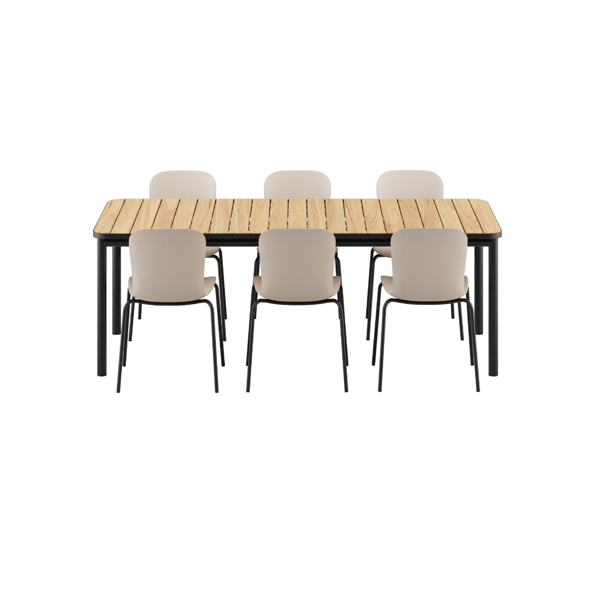 Udendørs Kirra Dining Table 210x90 med olive og noir Patio Chair no. One S2 stole i aluminium og teaktræ