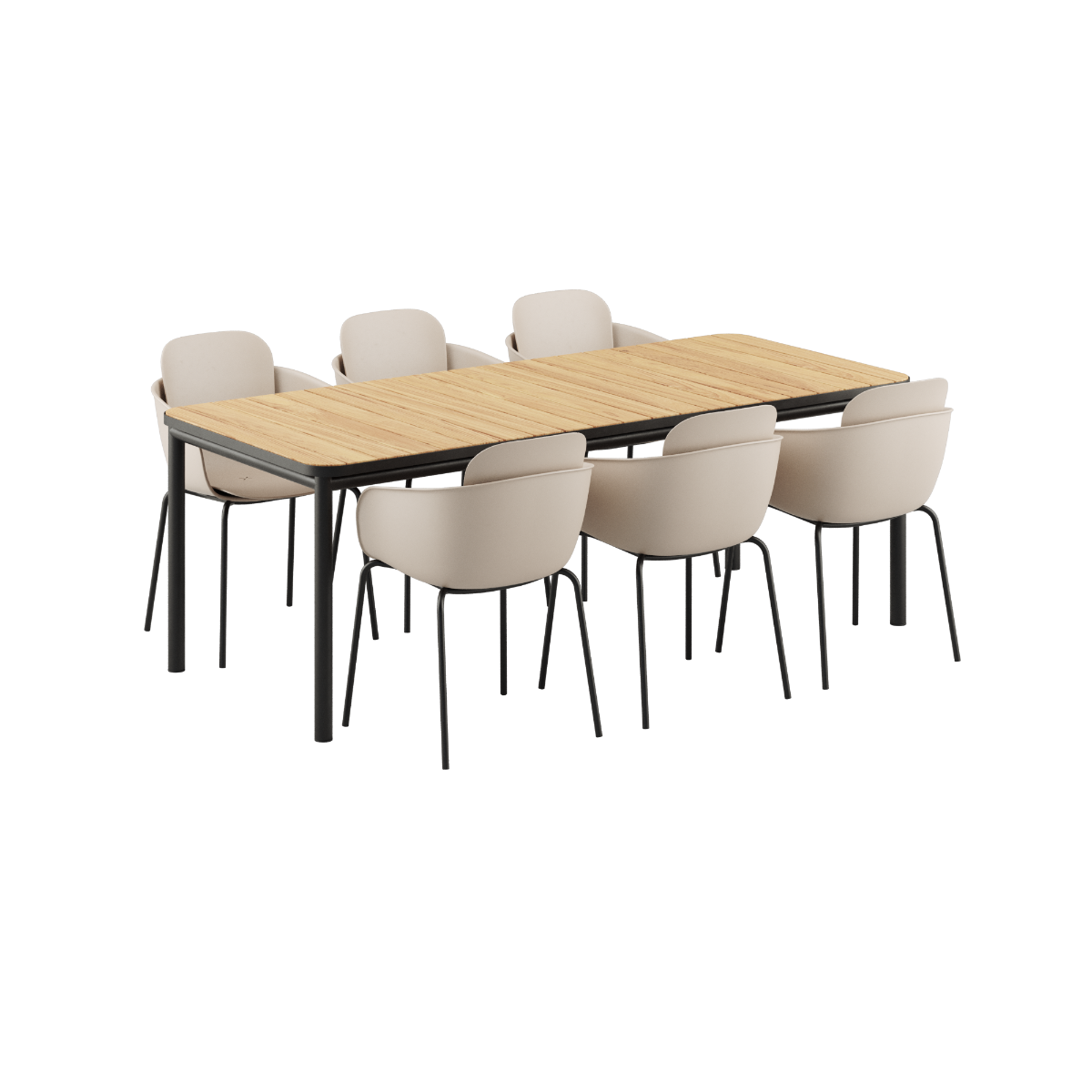Udendørs Kirra Dining Table 210x90 med teakbordplade og 6 Taupe/Noir Patio Chair no. One S2 stole