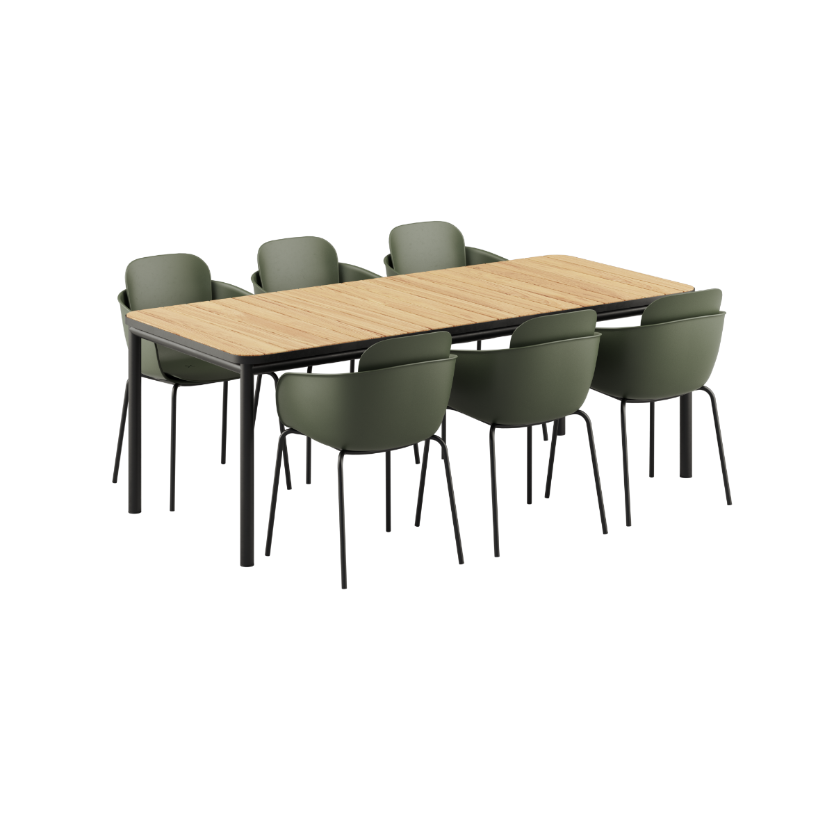 Udendørs Kirra Dining Table 210x90 med teakbordplade og 6 Olive/Noir Patio Chair no. One S2 stole