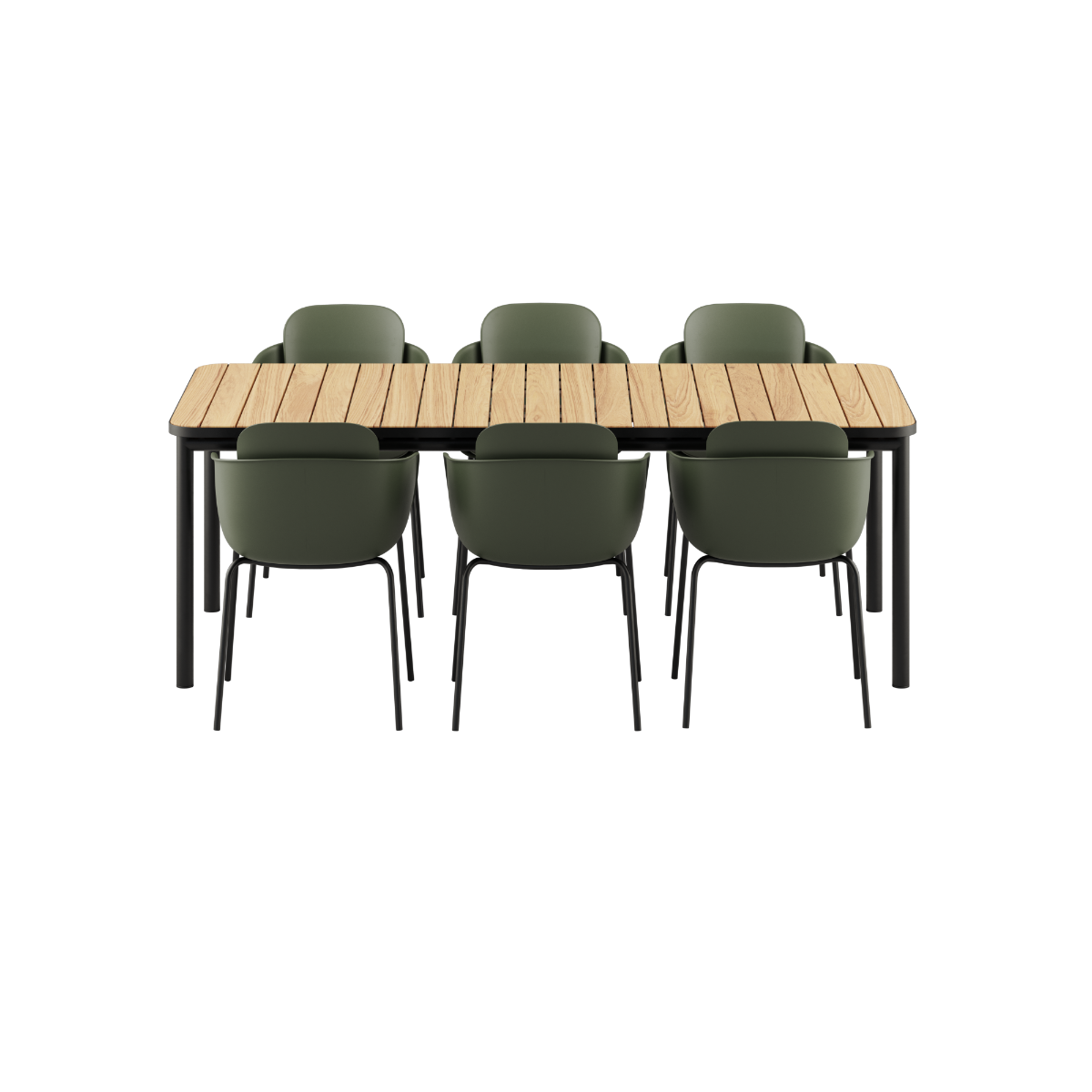 Udendørs Kirra spisebord i sort med seks Patio Chair no. One S2 stole i olivengrøn og sort