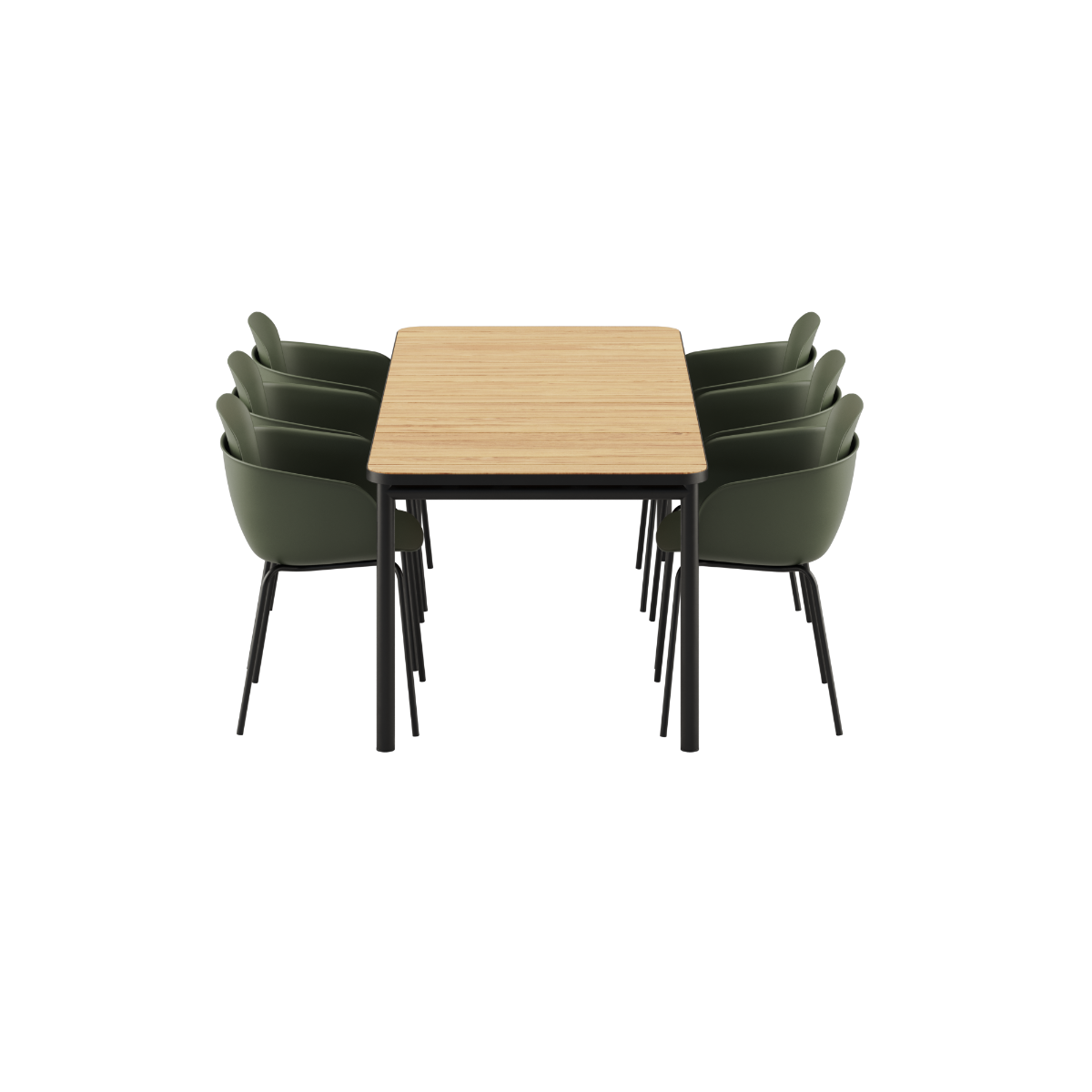 Kirra Dining Table 210x90 med pulverlakeret aluminium og teakbordplade samt 6 Patio Chair no. One S2 stole i olive og noir.