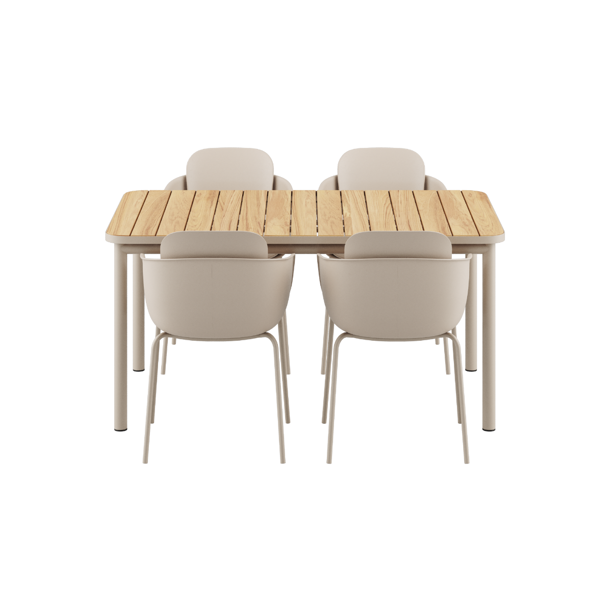 Udendørs Kirra Dining Table 150x90 med taupe Patio Chair no. One S2 stole i taupe farve.