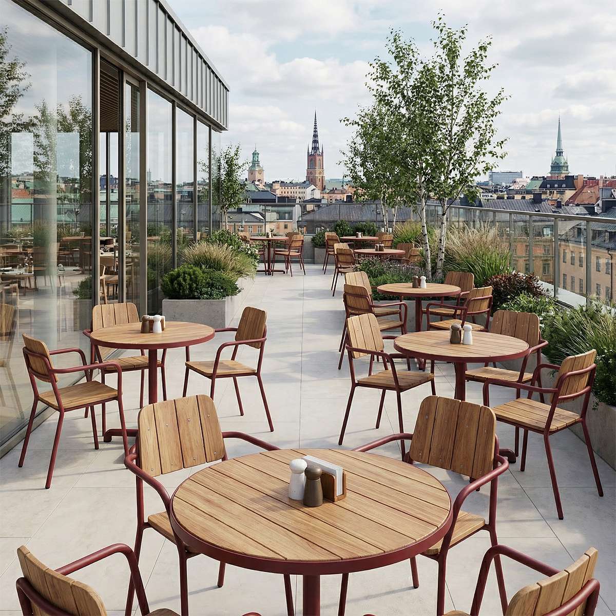 Udendørs Kirra Café Table i pulverlakeret aluminium med teaktræsbordplade, rund form.