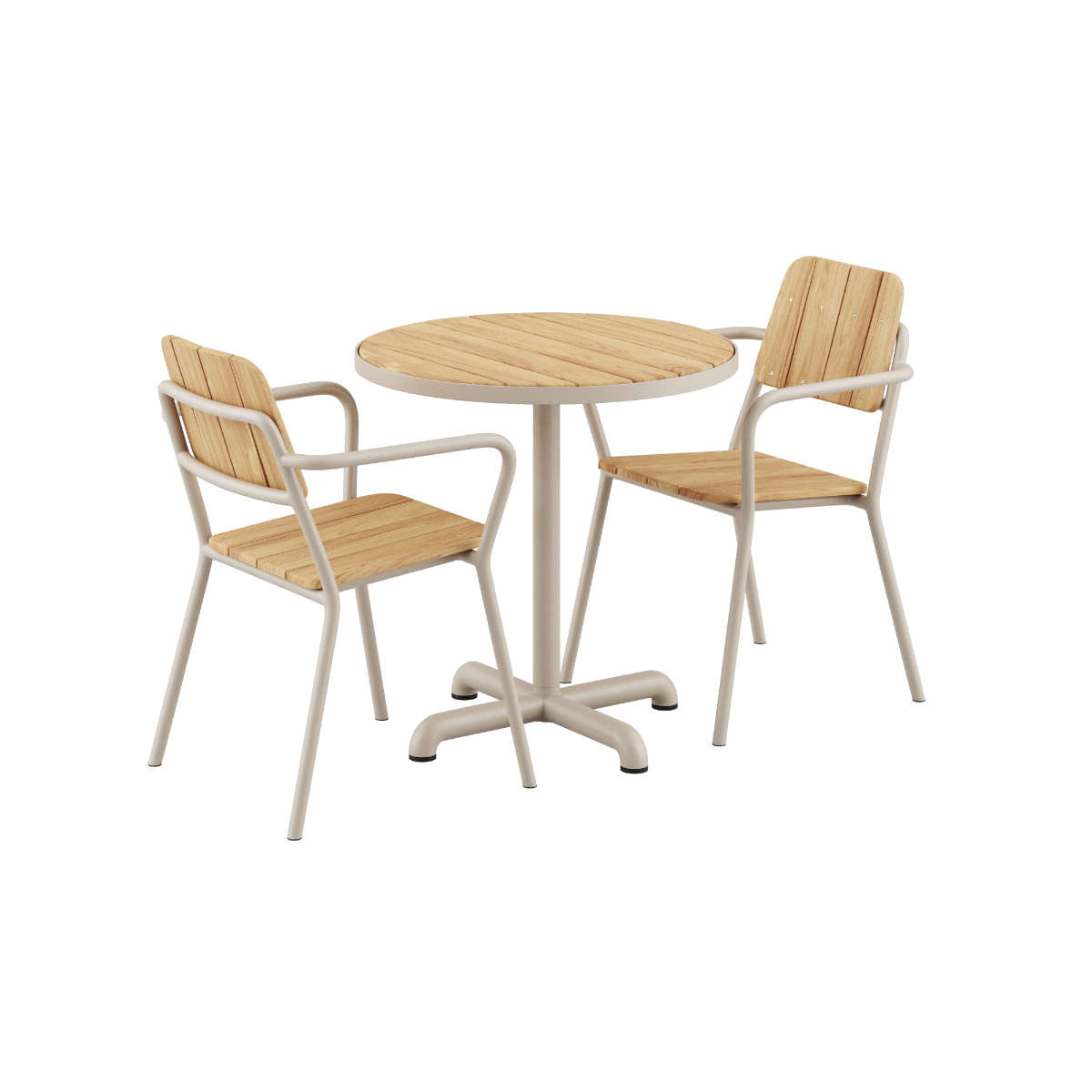 Kirra Café Table og 2 Kirra Patio Chairs i taupe med pulverlakeret aluminium og teaktræ.