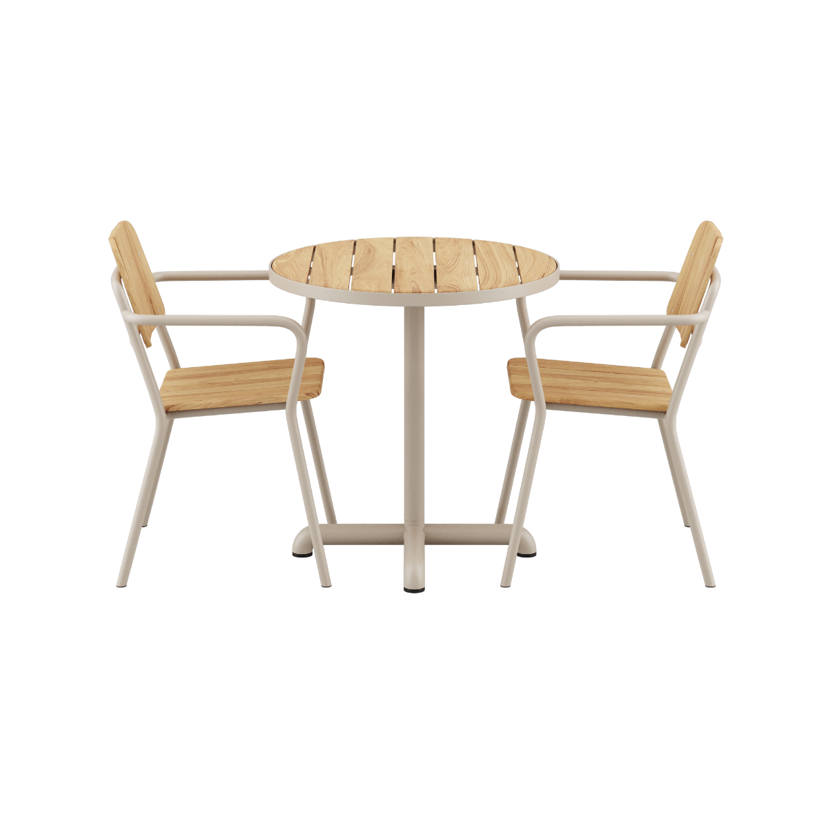 Kirra Café Table og 2 Kirra Patio Chairs i taupe med pulverlakeret aluminium og teak, udendørs sæt.