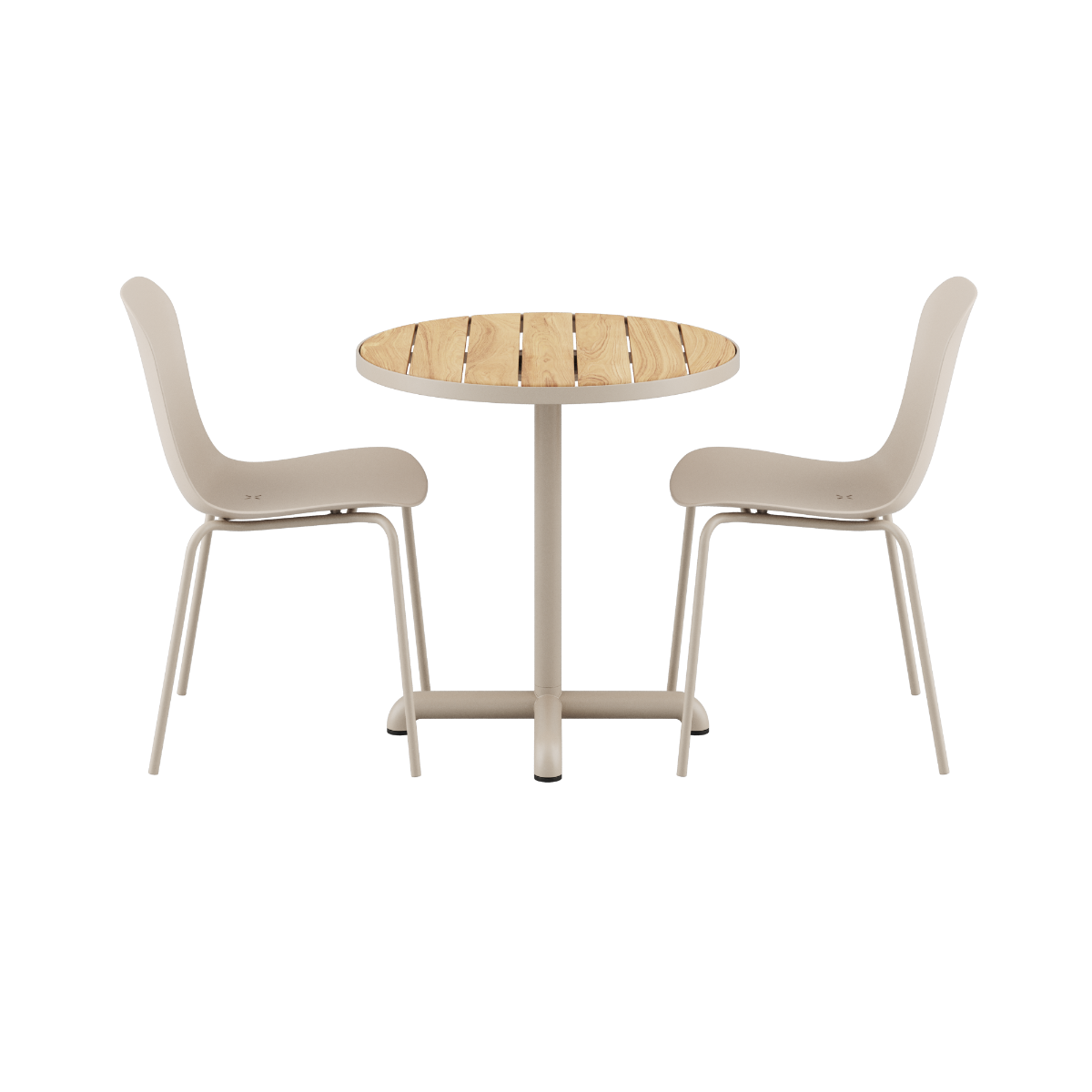 Kirra Café Table i taupe med to Patio Chair no. One S2 stole i matchende farve i udendørs miljø.