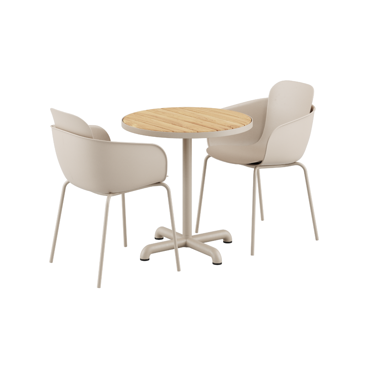 Kirra Café Table i taupe med 2 Patio Chair no. One S2 stole i matchende farve i udendørs miljø.