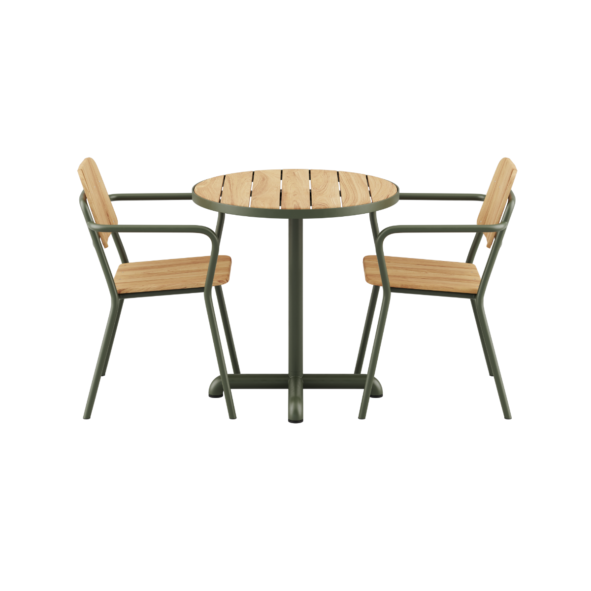 Kirra Café Table og 2 Kirra Patio Chairs i olivengrøn pulverlakeret aluminium og teak, udendørs sæt.