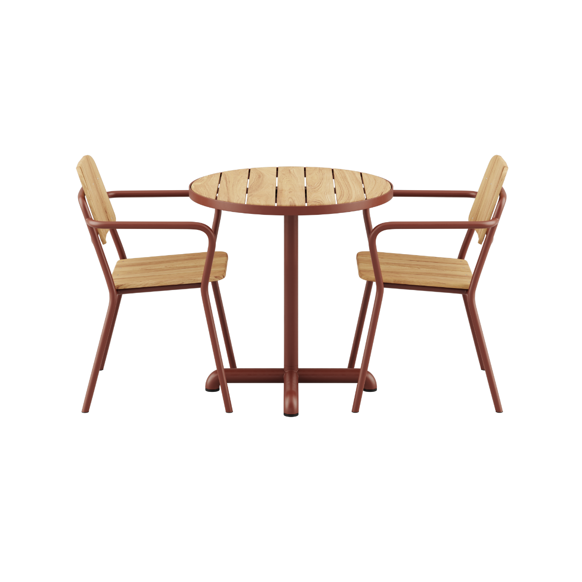 Kirra Café Table og 2 Kirra Patio Chairs i chestnut farve med teak og pulverlakeret aluminium.