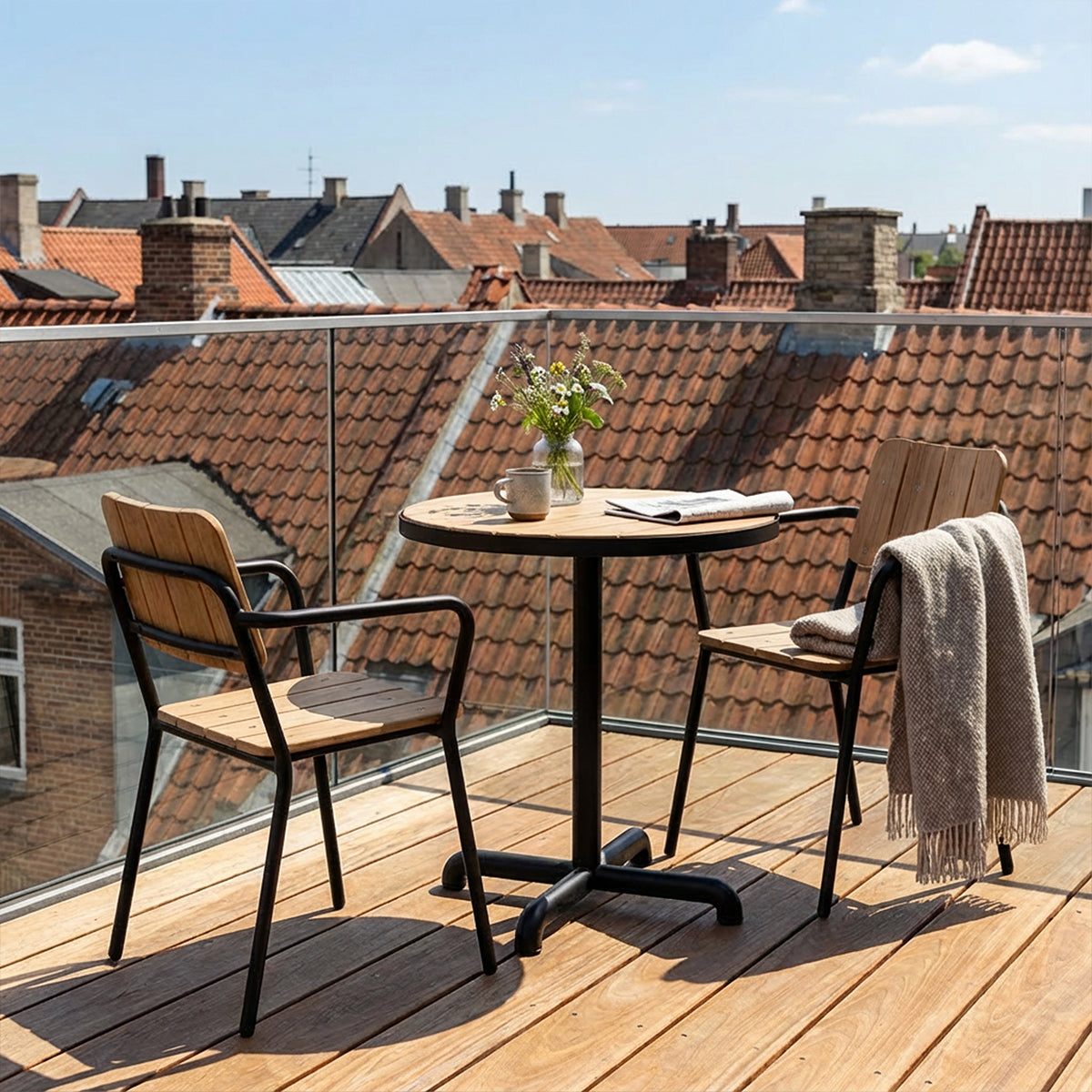 Kirra Cafe Table & 2 Kirra Patio Chair - Udendørs cafésæt til 2 personer i teaktræ og aluminium
