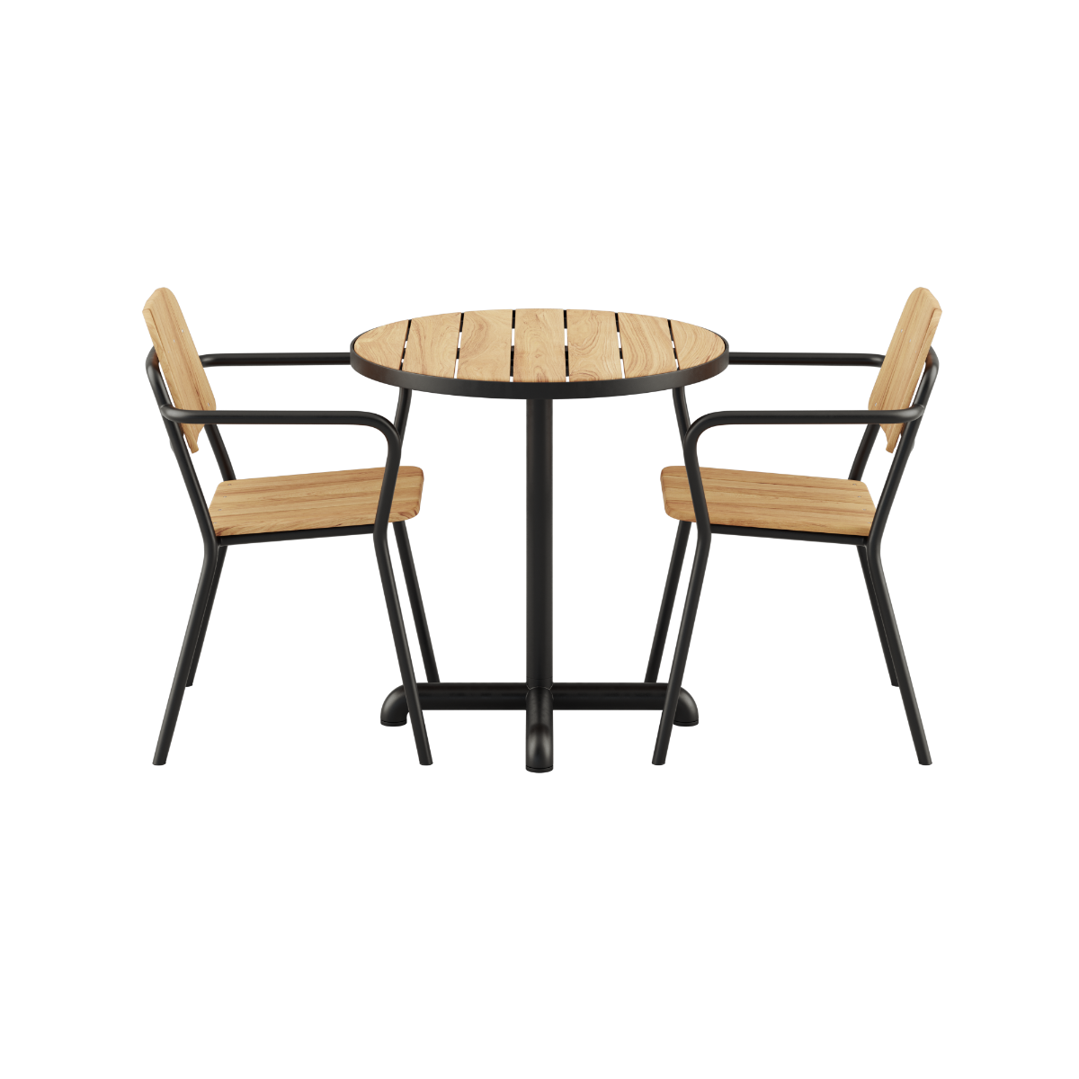 Kirra Café Table og 2 Kirra Patio Chair i Noir med rund bordplade og stole i aluminium og teak.