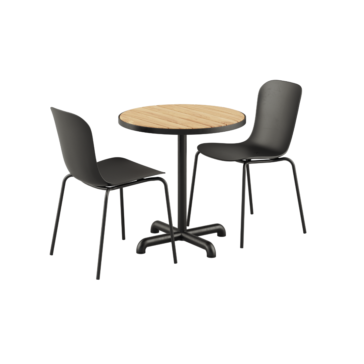 Kirra Café Table Noir med to Patio Chair no. One S1 stole i sort på hvid baggrund.