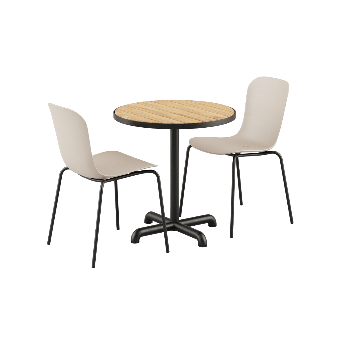 Udendørs Kirra cafébord i sort med to Patio Chair no. One stole i taupe og sort.