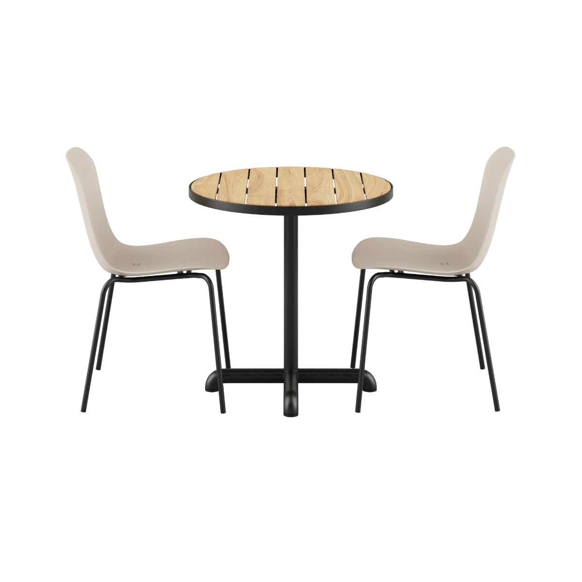 Rundt Kirra Café Table i teak og pulverlakeret aluminium med to Olive/Noir Patio Chair no. One S2 stole.