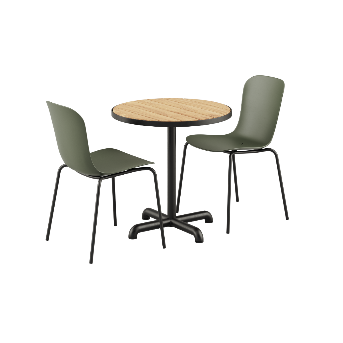 Udendørs Kirra Café Table med rund teak bordplade og 2 Patio Chair no. One stole i olive og noir