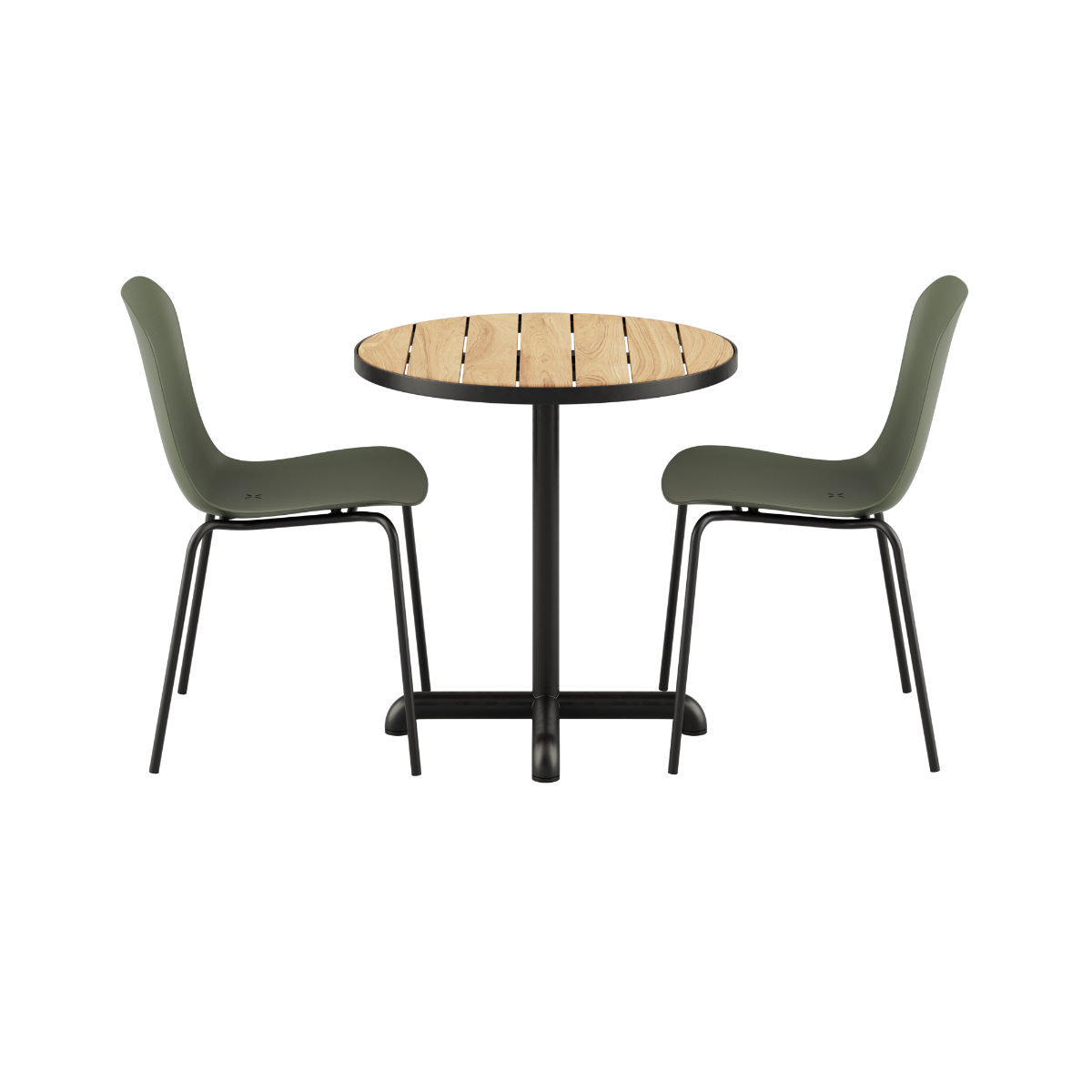 Rundt Kirra Café Table i teak og aluminium med to Patio Chair no. One S2 stole i olive og noir farver.