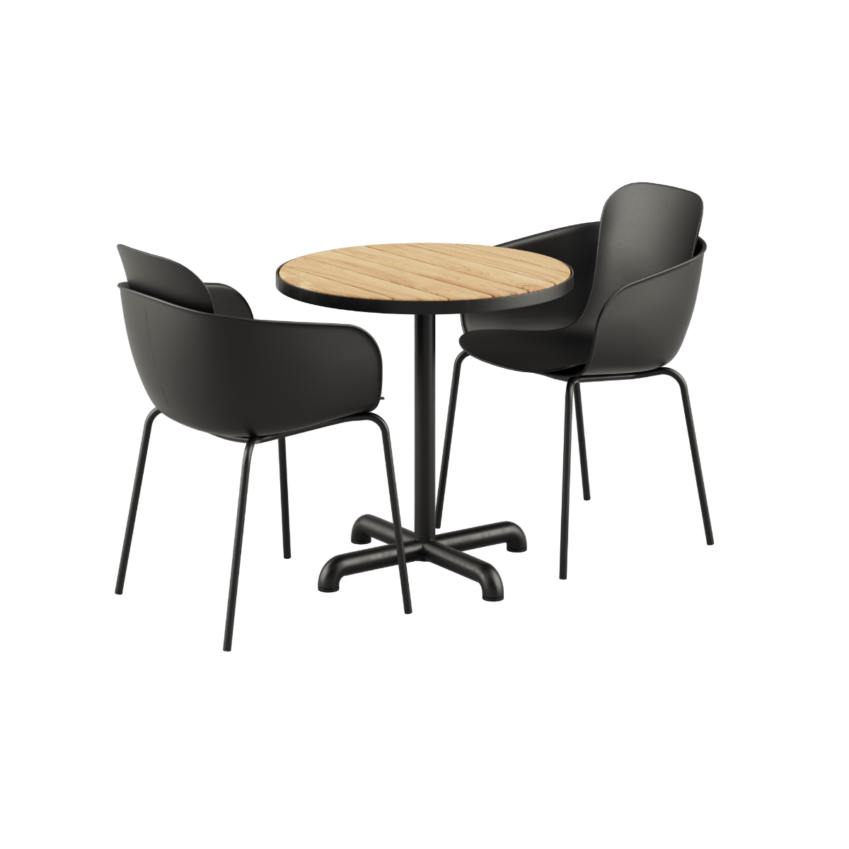 Rundt Kirra Cafébord i teak og aluminium med to sorte Patio Chair no. One S2 stole.