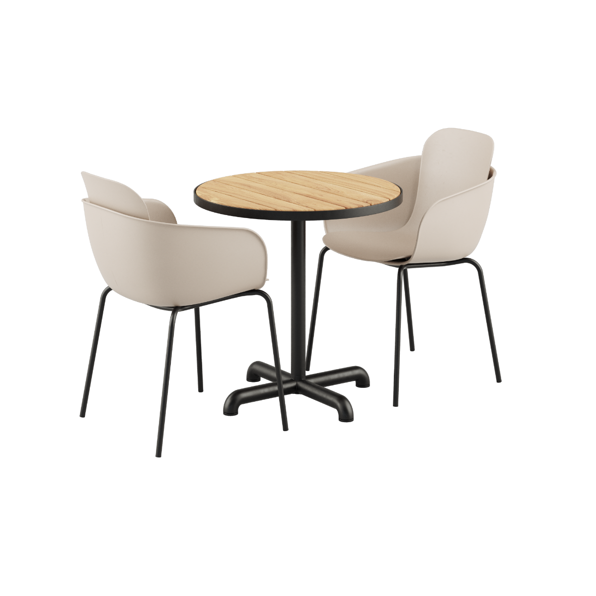 Rundt Kirra Café Table i teak og aluminium med to taupe og noir Patio Chair no. One stole