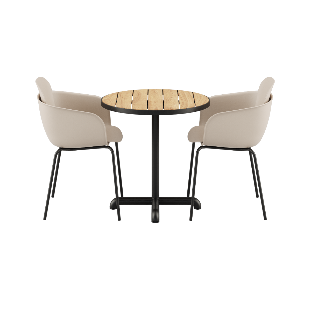 Rundt Kirra Café Table Noir med to Patio Chair no. One S2 stole i olive og noir farver.