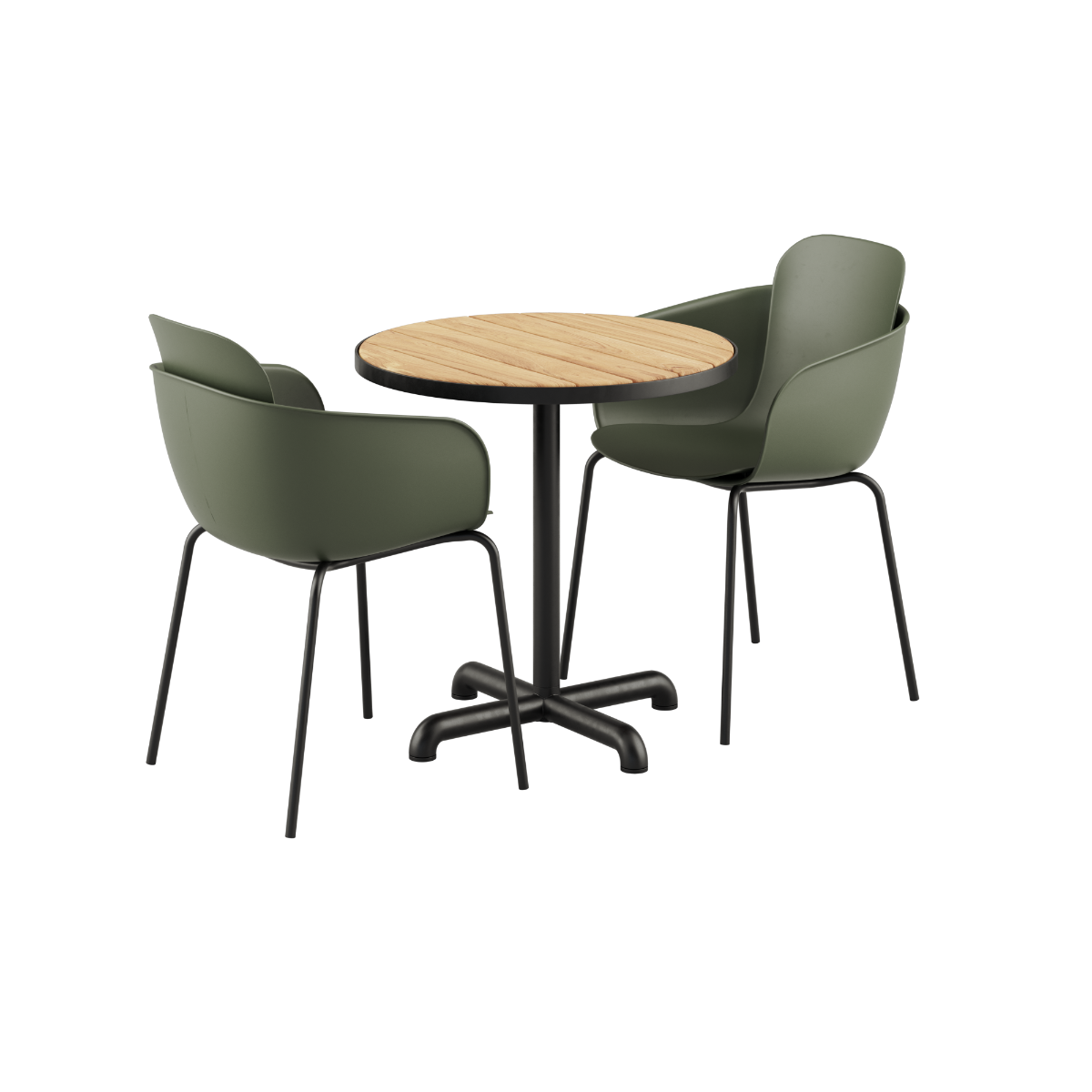 Rundt Kirra Café Table i teak med 2 Patio Chair no. One stole i olive og noir farver.