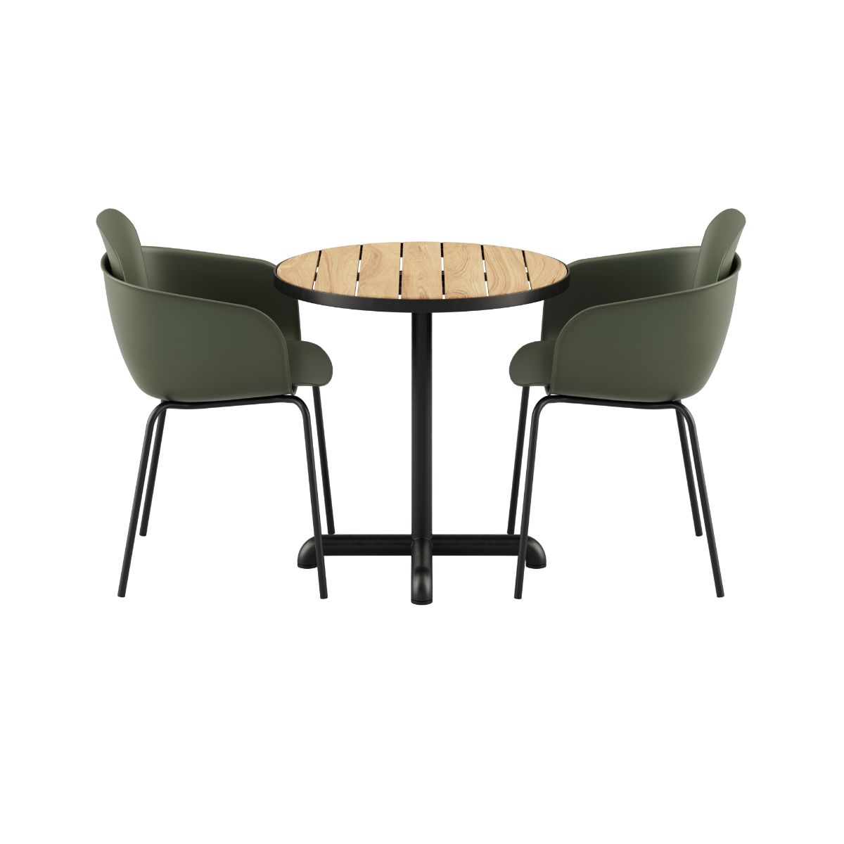 Rundt Kirra Café Table i teak og aluminium med to Patio Chair no. One S2 stole i olive og noir farver.