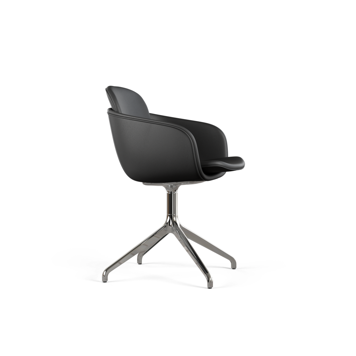 Chair no. One S2 polstret stol i Terra Black læder med poleret aluminium swivel-fod, indendørs spisebordstol.
