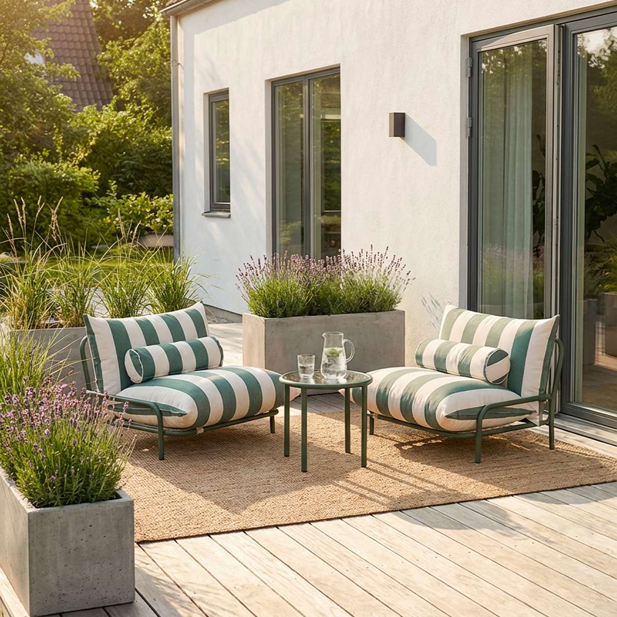 Mollis Lounge Chair i Renesse Olive med pulverlakeret aluminiumsramme og eco-certificeret tekstil til udendørs brug.