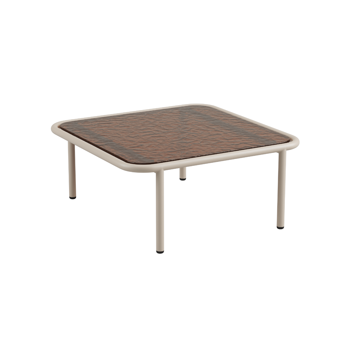 Udendørs Mollis Coffee Table i taupe med pulverlakeret aluminiumsstel og hærdet glasbordplade.