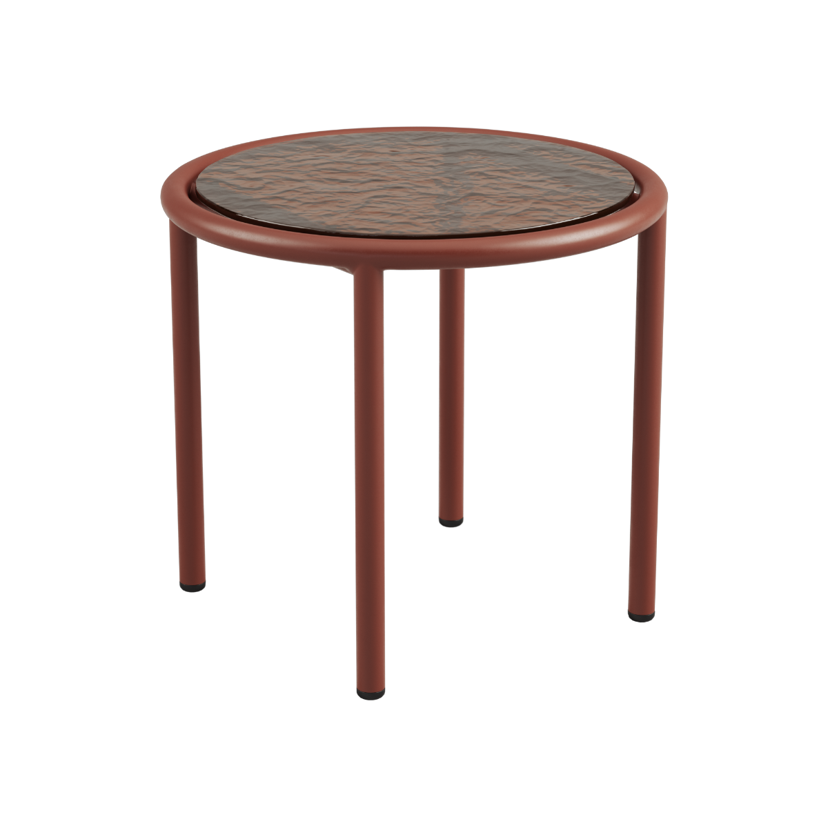 Mollis Side Table Ø50 i chestnut farve med pulverlakeret aluminiumsstel og røget hærdet glasbordplade.