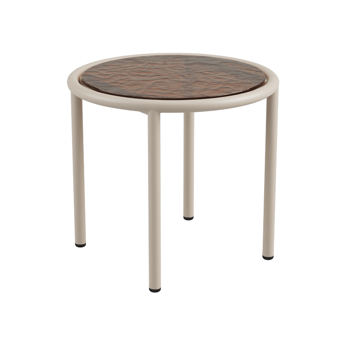 Mollis Side Table Ø50 udendørs sofabord i taupe med pulverlakeret aluminiumsstel og røget glasbordplade.
