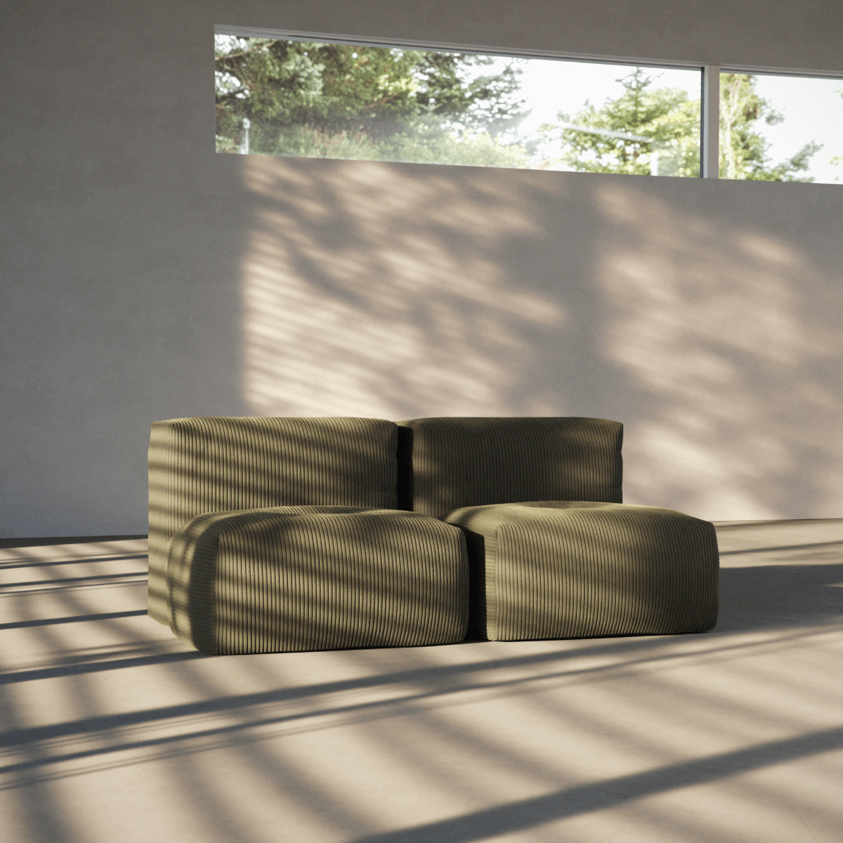 Soft Sofa Indoor 2-personers sofa i olivengrønt corduroy stof uden stel i moderne design.