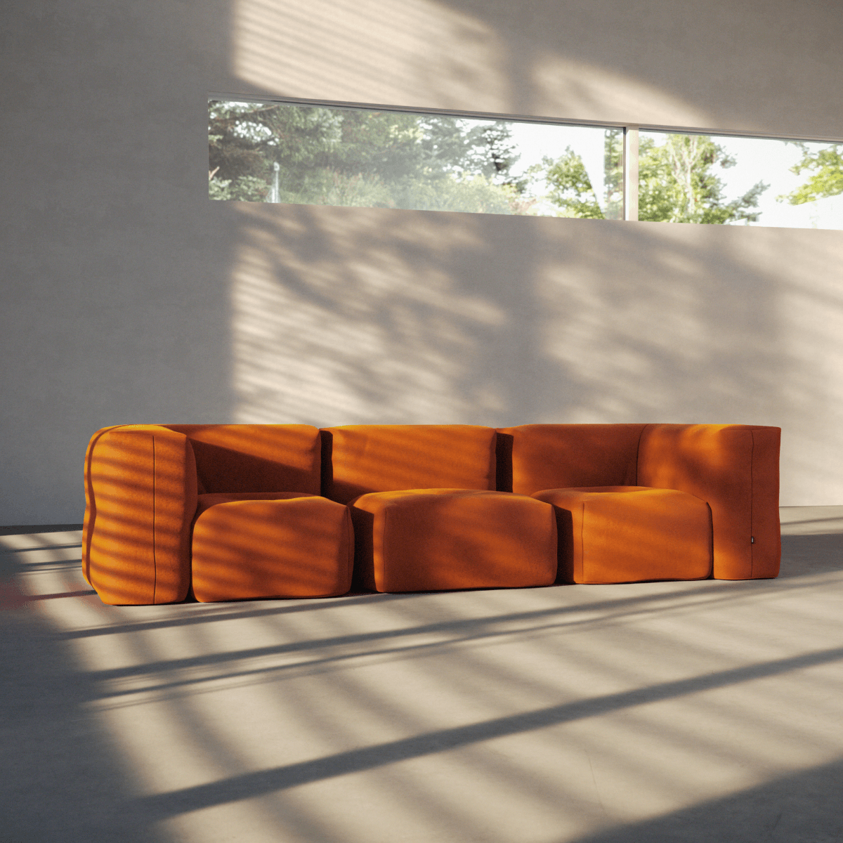 Soft Sofa Indoor hjørnesofa i orange Jaquard stof med bløde, modulære puder.