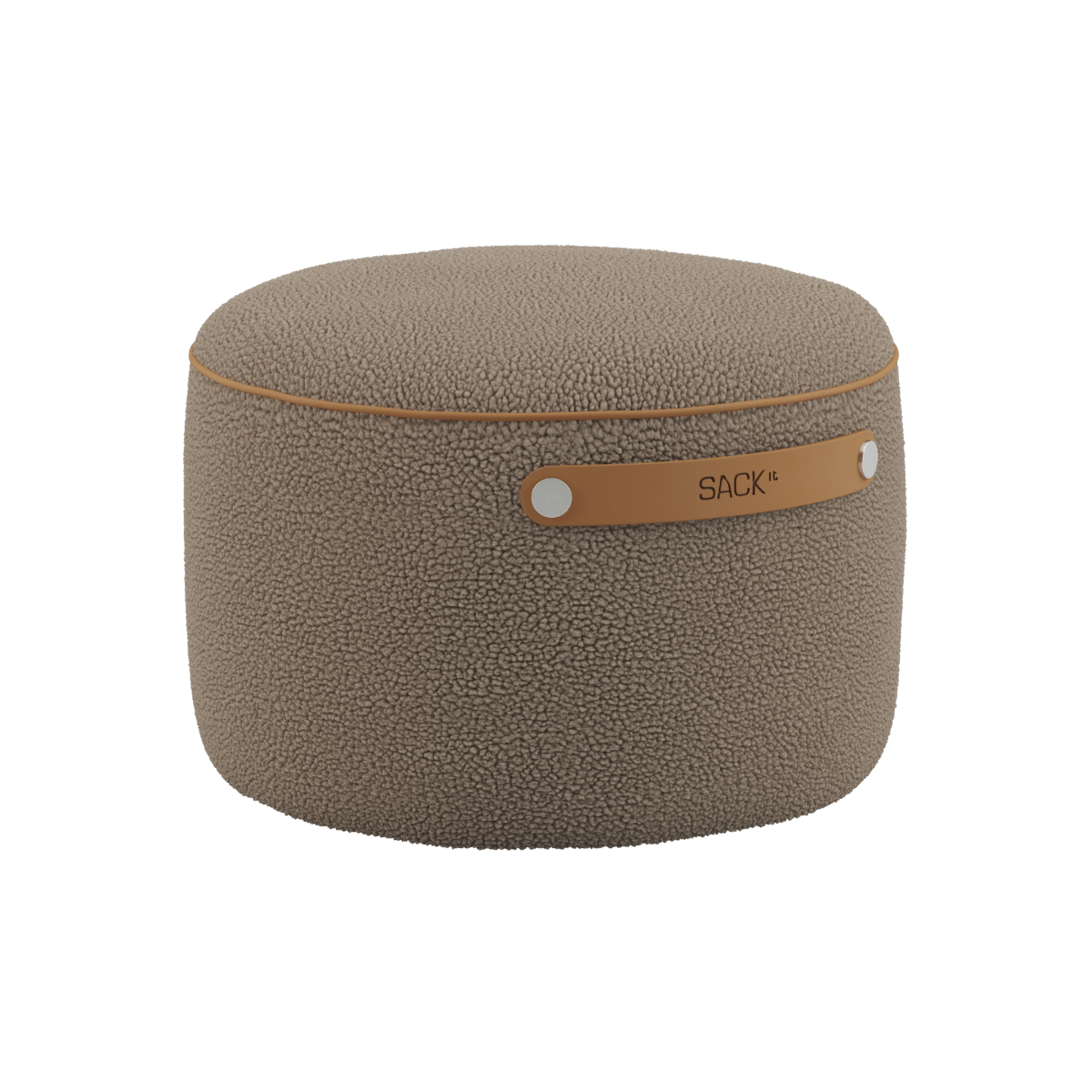 Rund SACKit Pouf Indoor i Teddy Brown stof med skumfyld og skridsikker bund.