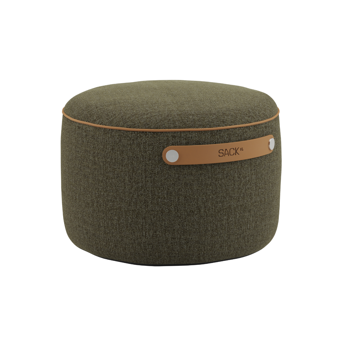 SACKit Pouf Indoor i Cosmo Olive stof med rund form og skumfyld, brugbar som fodstøtte eller puf.