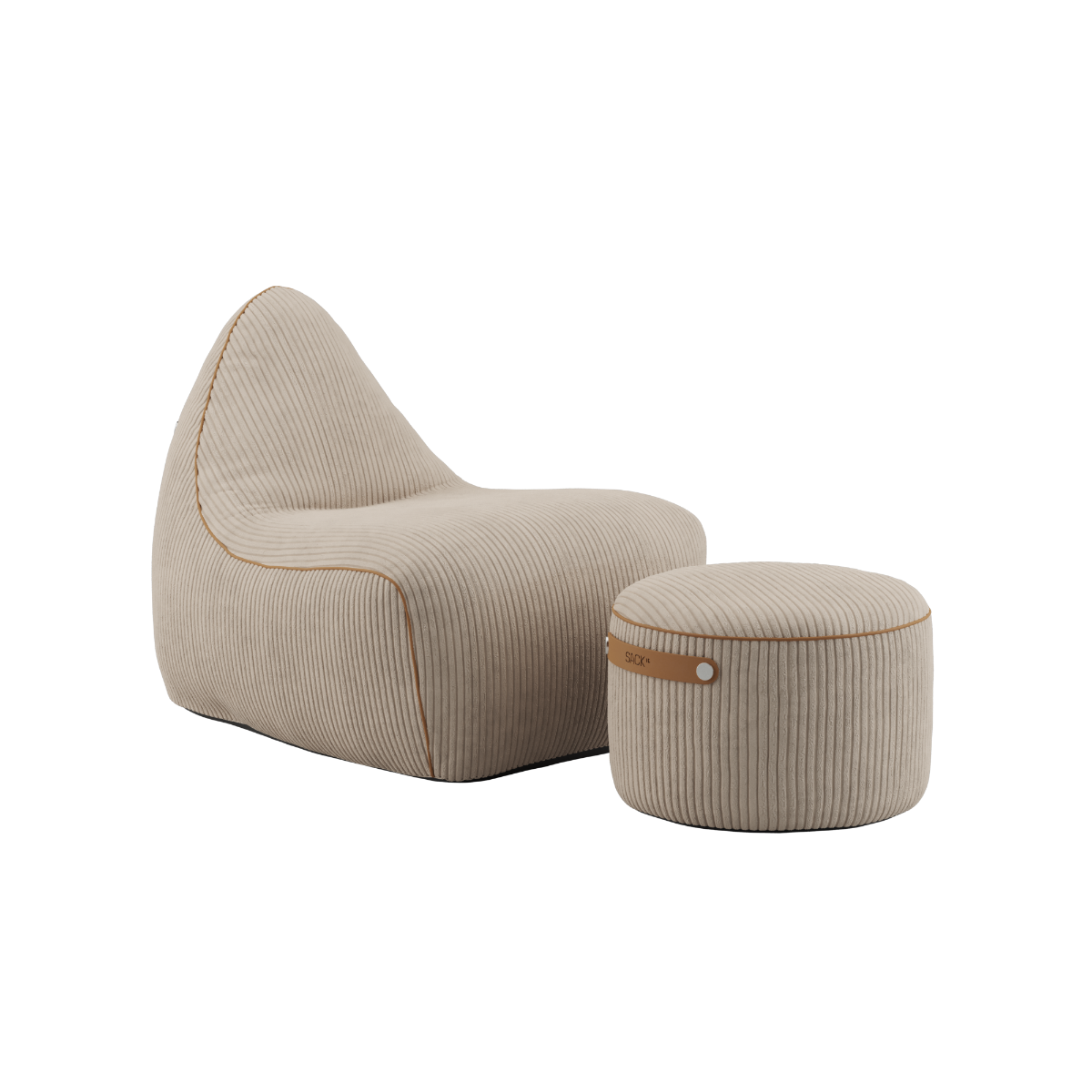 SACKit Chair & Pouf Indoor i beige corduroy med blødt, rundt design og lav fodskammel.