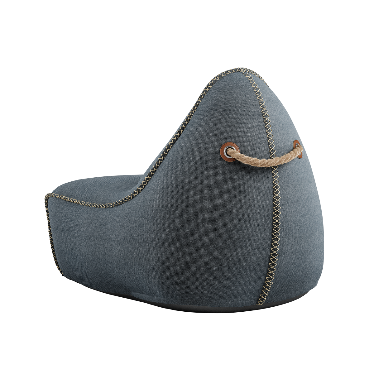 Canvas Lounge Chair og puf i petrol canvas stof med håndsyede hørsting, indendørs sækkestol med ryglæn.