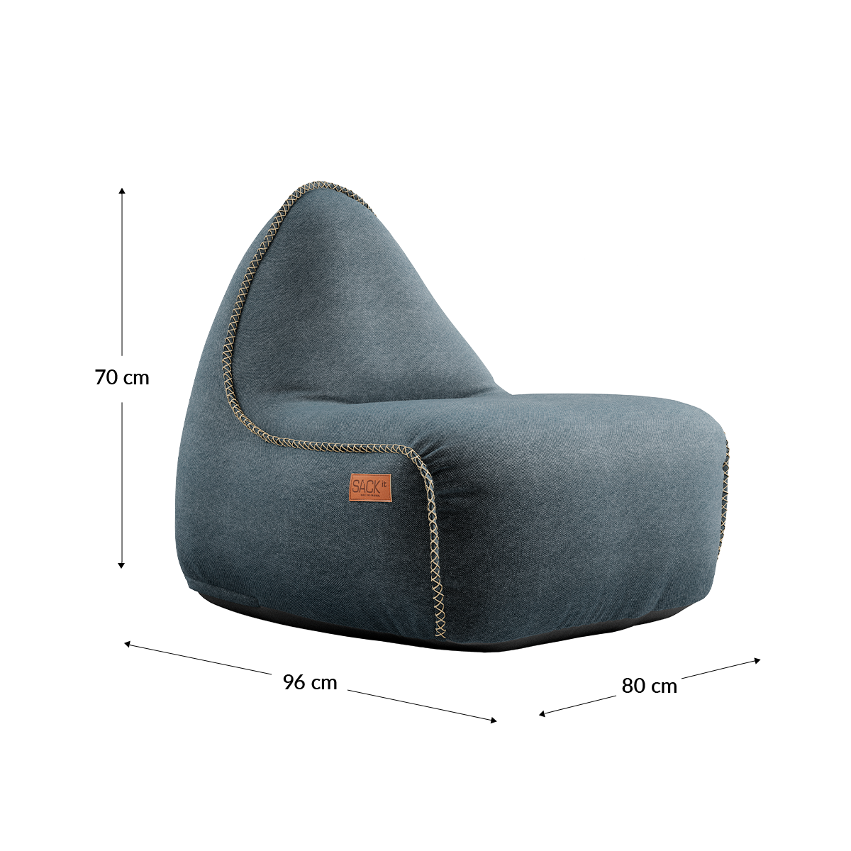 Canvas Lounge Chair og puf i petrol canvasstof med håndsyede hørsting, indendørs loungesækkestol.