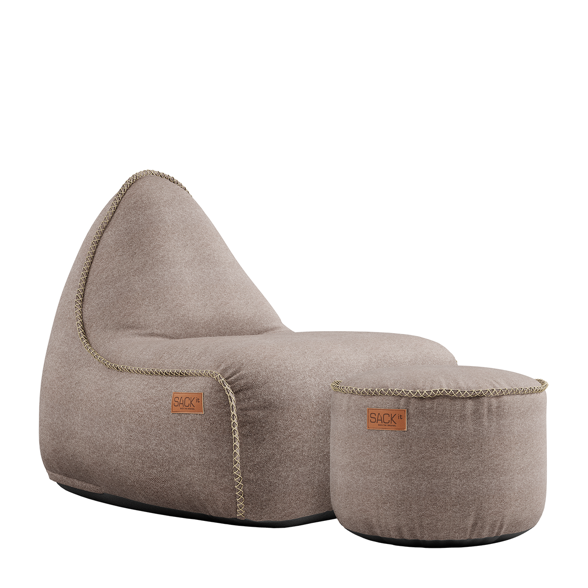 Canvas Lounge Chair og puf i petrol canvas stof med formstabilt design og håndsyede sting.