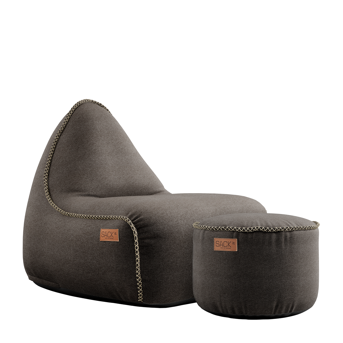 Canvas Lounge Chair og puf i brun canvas med formstabilt design og håndsyede sting.