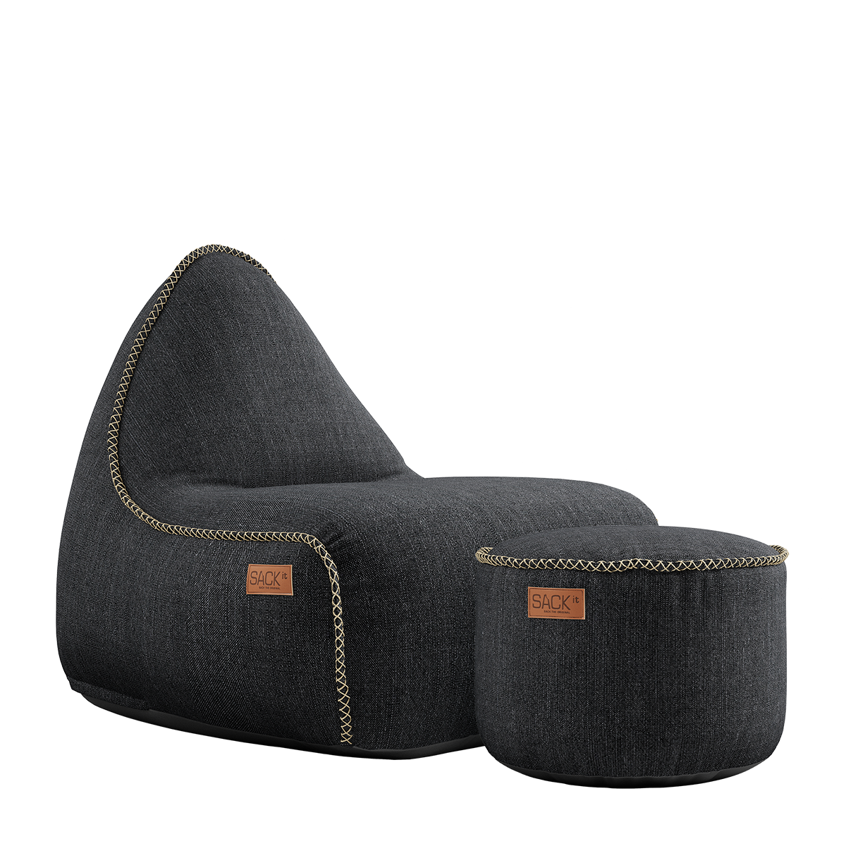 Cobana Lounge Chair og Pouf i sort, vandafvisende sækkestol med ryglæn og matchende puf.