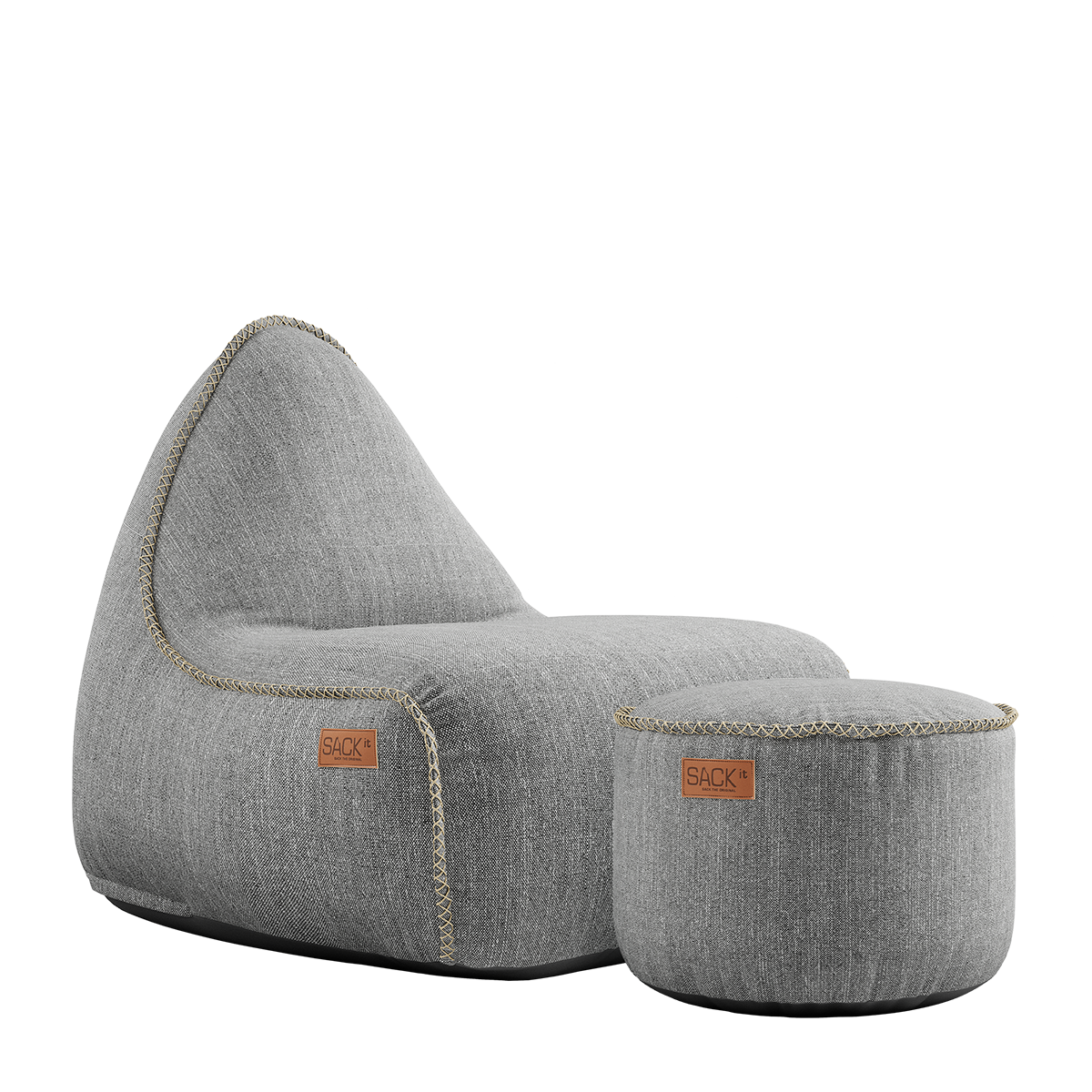 Cobana Lounge Chair og Pouf i lys grå, slidstærk sækkestol med ryglæn og rund puf.