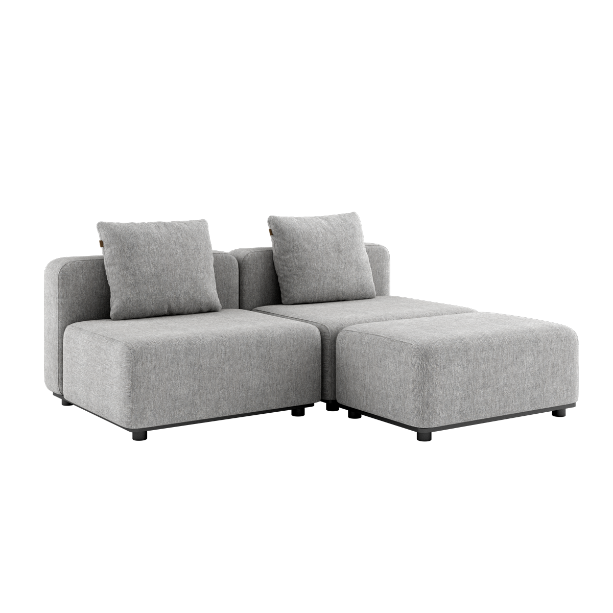 Cobana Lounge Sofa 2-seater in Cobana Sand Melange with pouf, no armrests, outdoor setting.